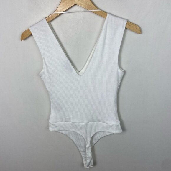NEW Nordstrom AFRM Striped Bodysuit Double V Neck Mooni White Size XS Minimalist - Picture 12 of 12